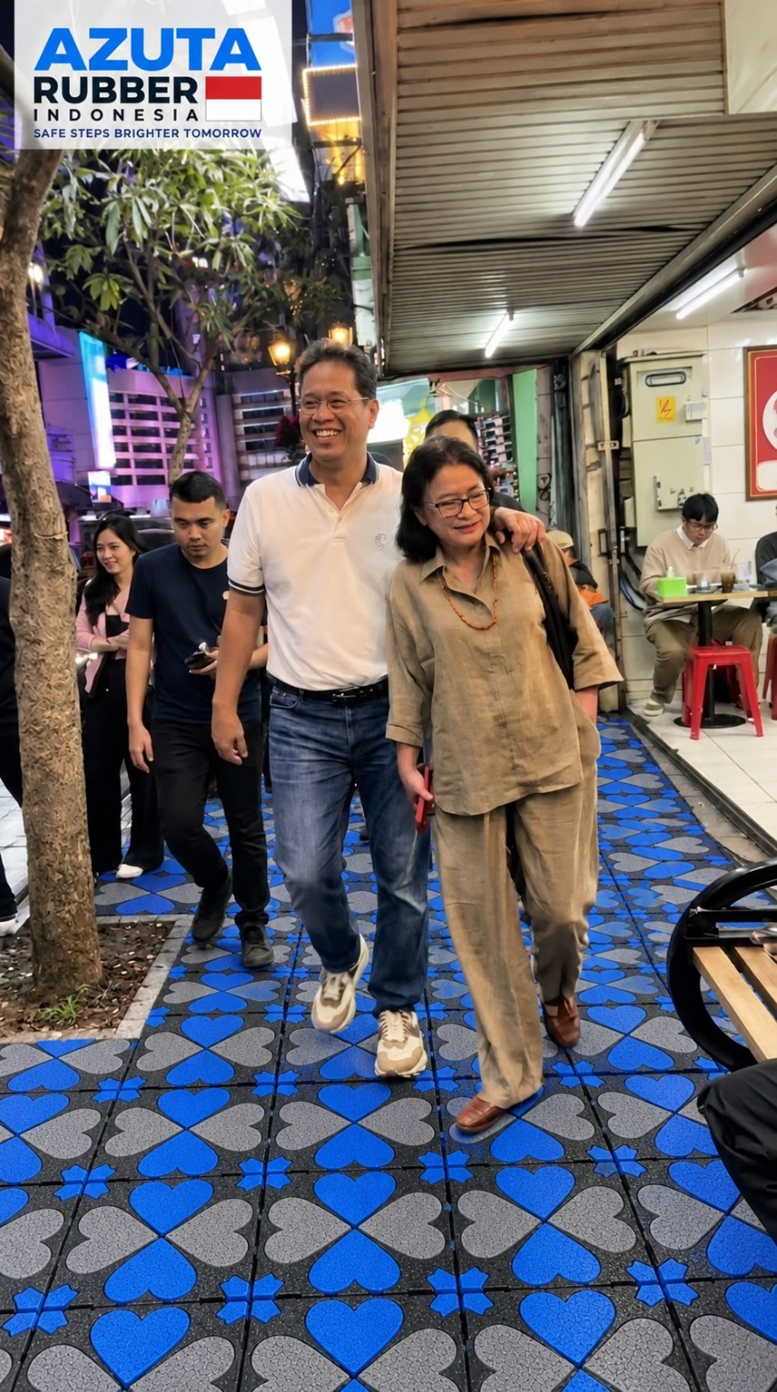 Contoh pola paving karet biru dan abu-abu di jalur pejalan kaki